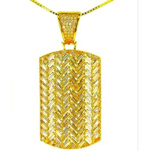 White Cubic Zirconia 18K Yellow Gold-ToneOver Silver Dog Tag With Chain 7.85ctw